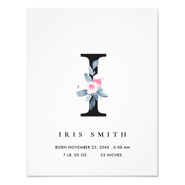 BLUSH BLUE FLORAL ALPHABET NAME I BABY BIRTH STATS PHOTO PRINT (Front)