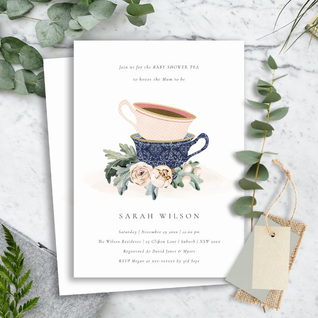 Blush Blue Floral Baby Shower Tea Party Invite (Creator Uploaded)