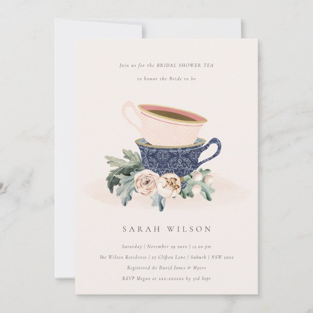 Blush Blue Floral Bridal Shower Tea Party Invite (Front)