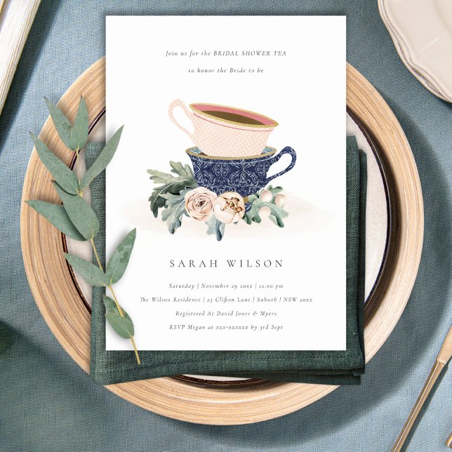 Blush Blue Floral Bridal Shower Tea Party Invite (Creator Uploaded)