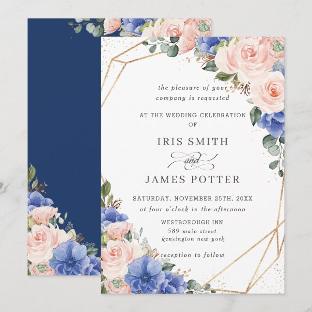 Blush & Blue Floral Roses Gold Geometric Wedding  Invitation (Front/Back)