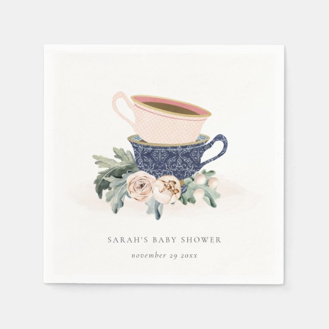Blush Blue Floral Stacked Tea Cups Baby Shower Napkin (Front)