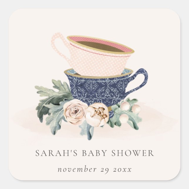 Blush Blue Floral Stacked Tea Cups Baby Shower Square Sticker (Front)