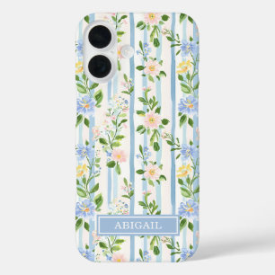 Blush Blue Floral Watercolor Striped Personalized iPhone 16 Case