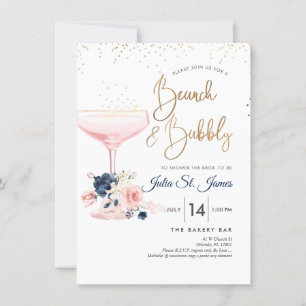 Blush+Blue Flowers Brunch Bubbly Pink Champagne Invitation