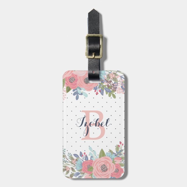 Blush & Blue Flowers Polka Dot Monogram Luggage Tag (Front Vertical)