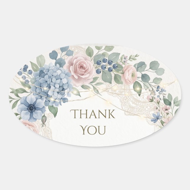 Blush Blue Hydrangea Greenery Wedding Thank You Oval Sticker (Front)