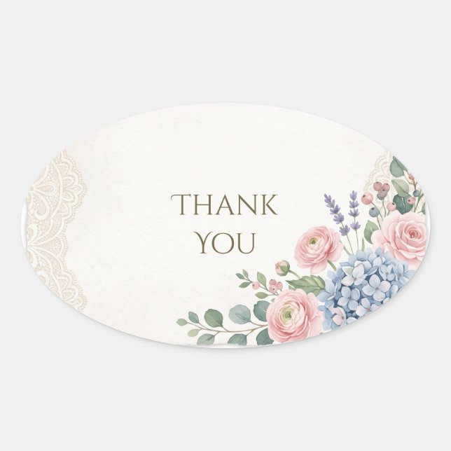 Blush Blue Hydrangea Rose Lace Wedding Thank You Oval Sticker (Front)