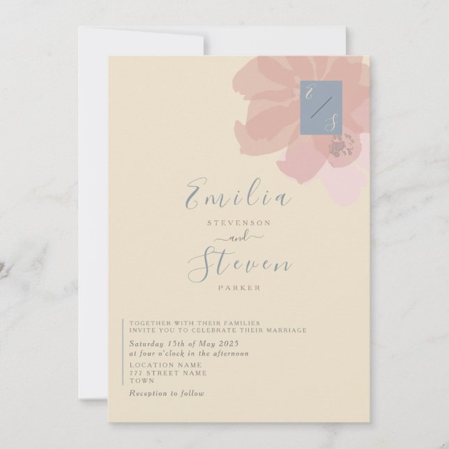Blush Blue Modern Floral Mariage Invitation (Devant)