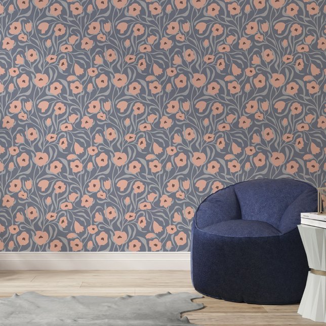 Blush & Blue Modern Floral Vines Pattern Wallpaper (Creator Uploaded)