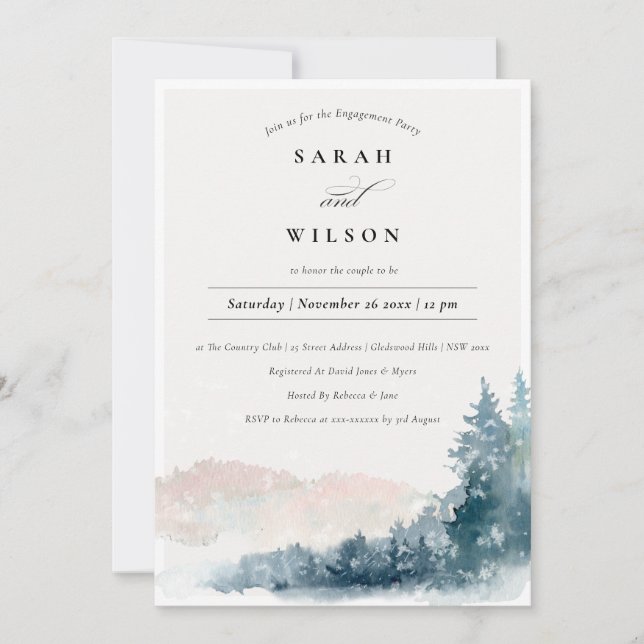 Blush Blue Pine Snow Mountains Engagement Invite (Front)