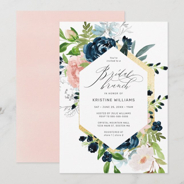 Blush Blue Rose Watercolor Floral Bridal Brunch Invitation (Front/Back)