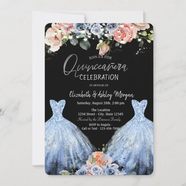 Blush Blue Roses Blue Glitter Dress Invitation (Front)