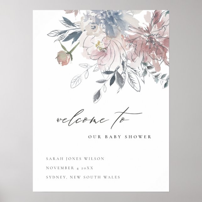 Blush Blue Watercolor Floral Baby Shower Welcome Poster (Front)