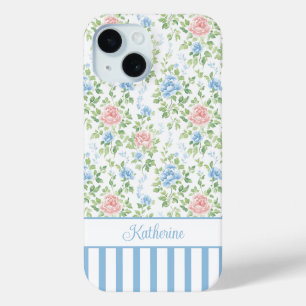 Blush Blue Watercolor Floral Monogrammed iPhone 15 Case