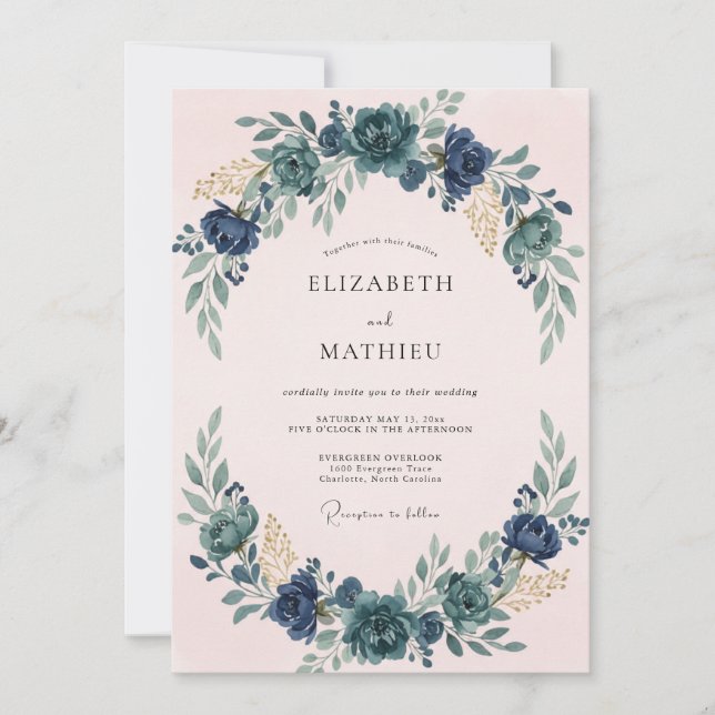 Blush Blue Wreath Wedding Invitation (Front)