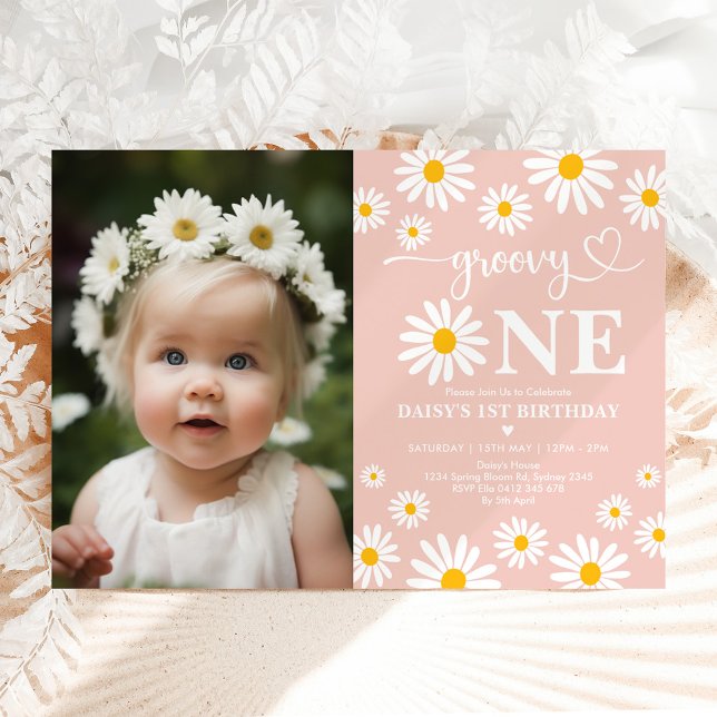 Blush Boho Daisy Groovy One 1st Birthday Photo Invitation (Creator Uploaded)