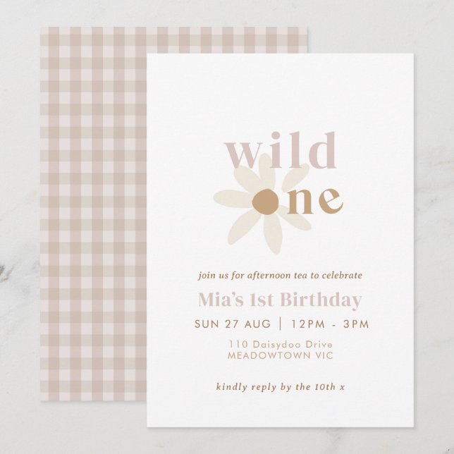 Blush Boho Daisy Retro First Birthday Invitation (Front/Back)