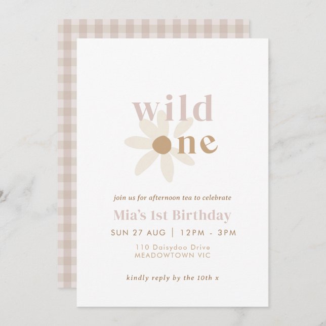 Blush Boho Daisy Retro Première Invitation d'anniv (Devant / Derrière)