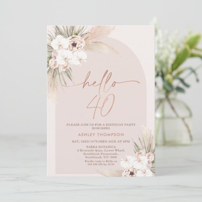 Blush Boho Floral Arch 40th Birthday Invitation (Standing Front)