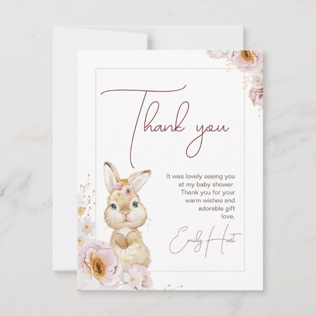 Blush Boho Floral Bunny Baby shower Carte de remer (Devant)