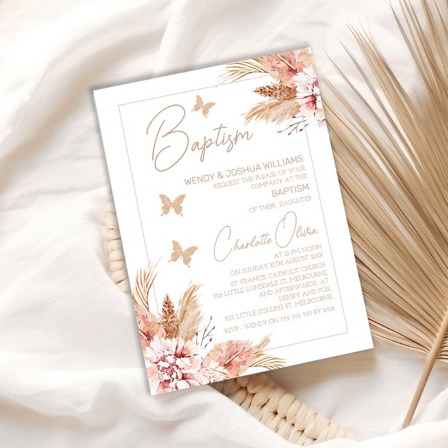 Blush Boho Floral Butterflies Baptism  Invitation (Boho Floral Butterflies Baptism Invitation For Baby Girl, Bohemian Floral Butterfly Baptism Invite)
