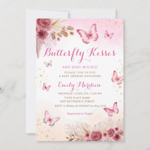 Blush Boho Floral Butterfly Kisses Baby Shower  Invitation