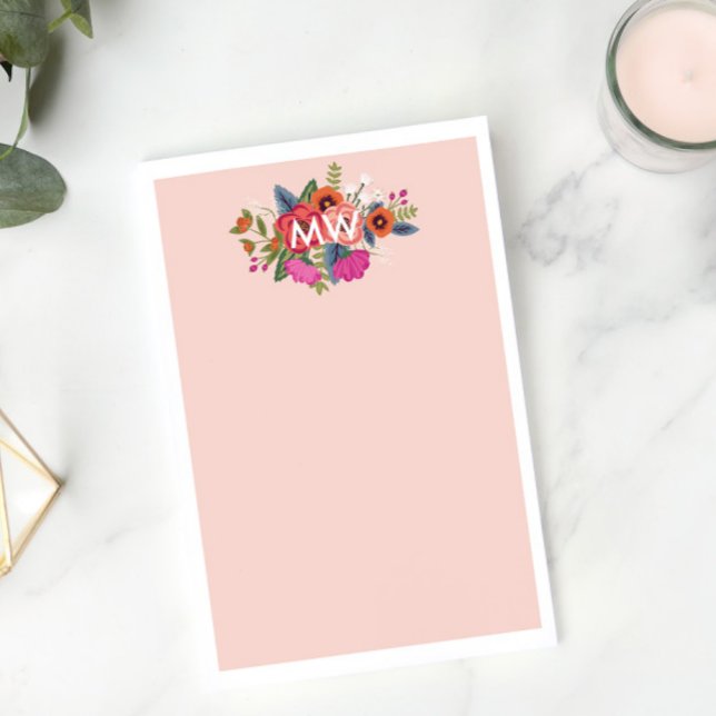 Blush Boho Florals White Monogram Post-it Notes (Creator Uploaded)