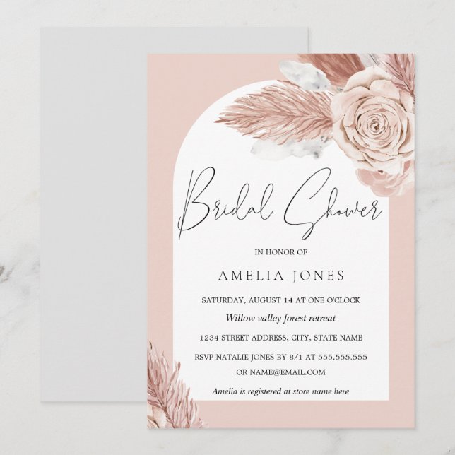 Blush Boho Flowers Arch Bridal Shower Invitation (Front/Back)