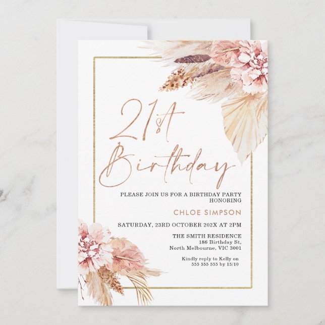Blush Boho Pampas Grass 21st Birthday Invitation (Front)