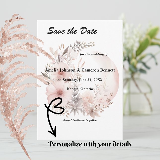 Blush Boho Pampas Grass Save the Date Card  (Set the tone for your romantic celebration with our elegant boho blush & beige wedding suite)