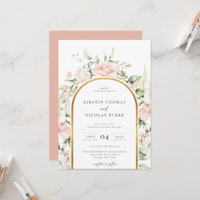 Blush Botanical Floral Arch Frame Wedding Invitation (Front/Back In Situ)