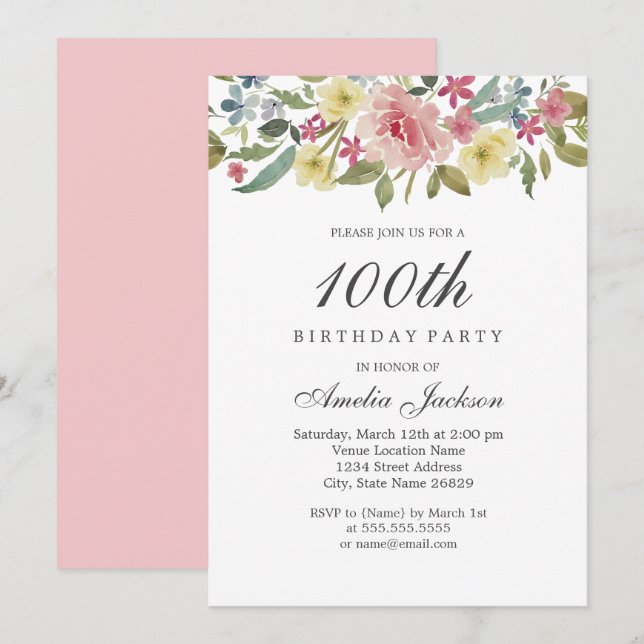 Blush Botanical Watercolor 100th Birthday Party Invitation (Front/Back)