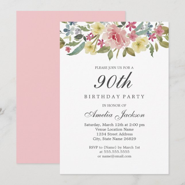 Blush Botanical Watercolor 90th Birthday Party Invitation (Front/Back)