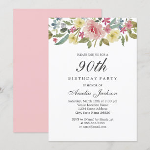 Blush Botanical Watercolor 90th Birthday Party Invitation