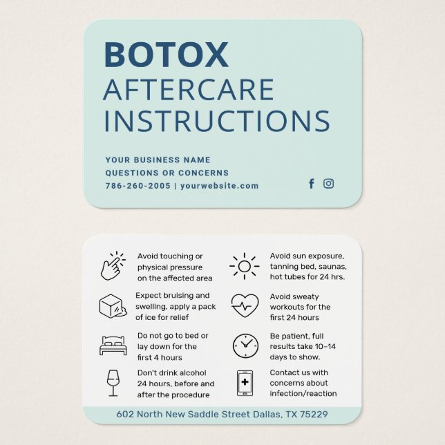 Blush Botox Injection Aftercare Instruction Card (Front & Back)