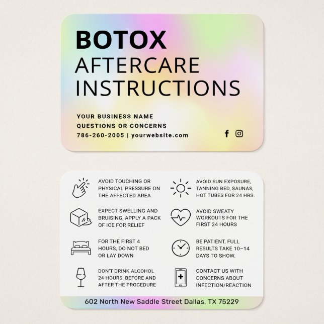 Blush Botox Injection Aftercare Instruction Card (Front & Back)