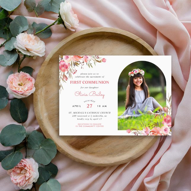 Blush Bouquet Floral Photo First Communion Invitation (Creator Uploaded)