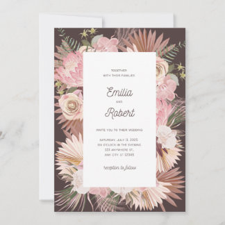 Blush Brown Floral Dry Leaves Wedding Invitation 