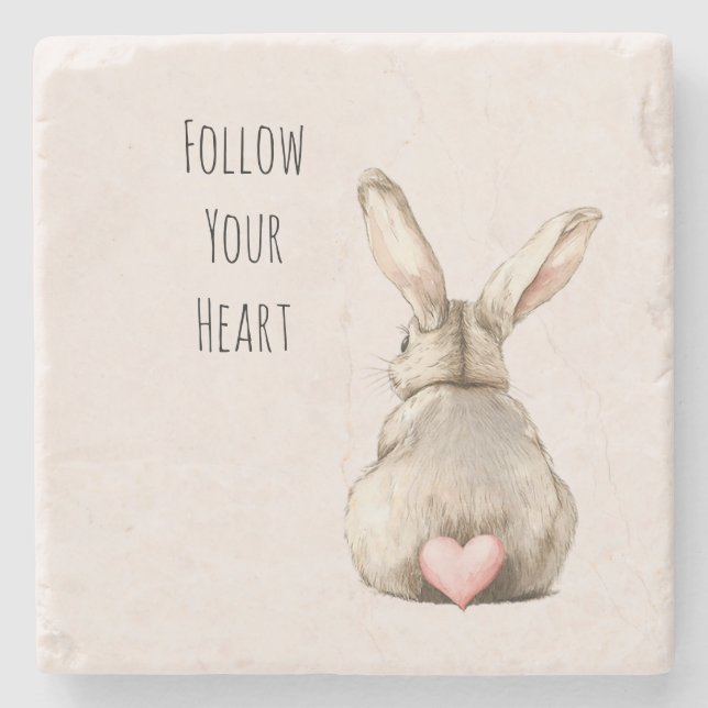 Blush Bunny Rabbit Heart Stone Coaster (Front)