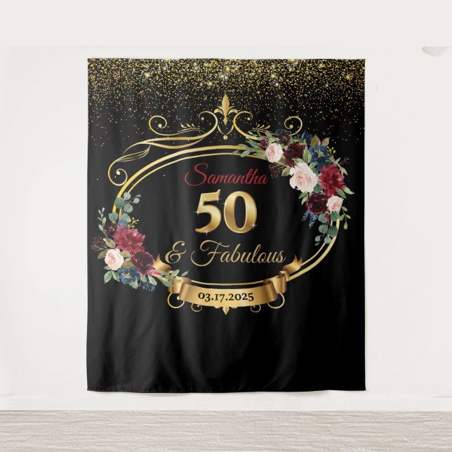 Blush Burgundy and Navy Floral Birthday Backdrop Tapestry (Front)