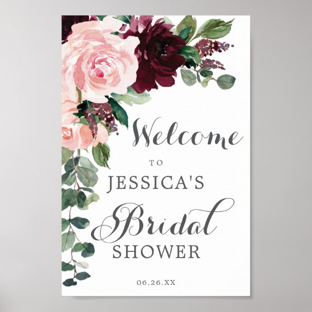 Blush Burgundy Bridal Shower Welcome Sign (Front)