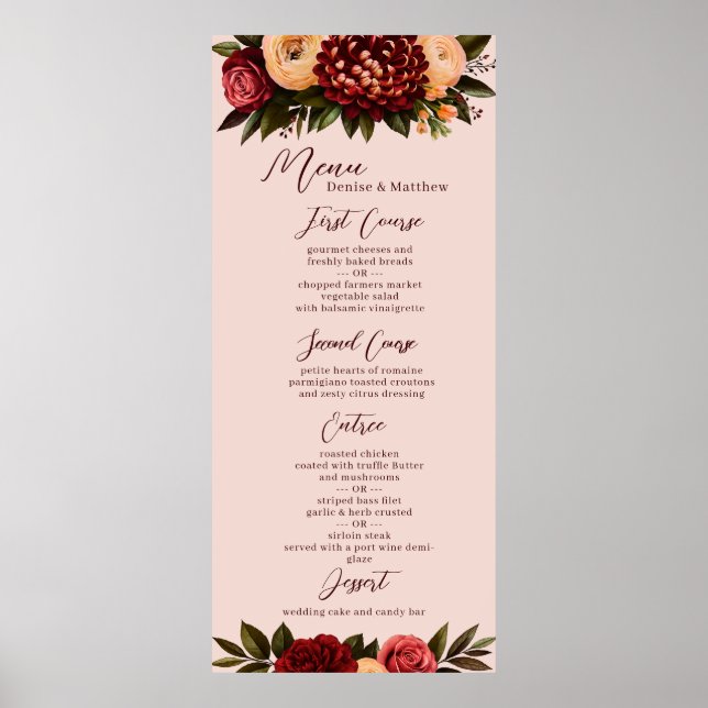 Blush & Burgundy Chrysanthemum Wedding Menu Poster (Front)