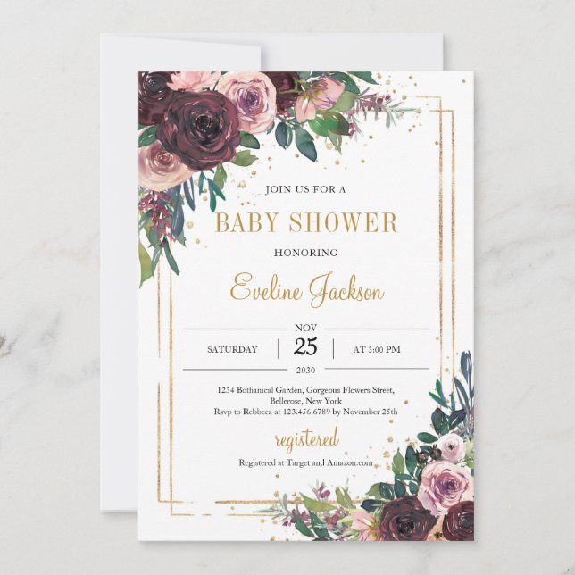 Blush burgundy dusty pink mauve floral gold frame invitation (Front)