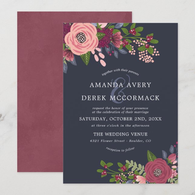 Blush & Burgundy - Faire-part de mariage bleu fonc (Devant / Derrière)