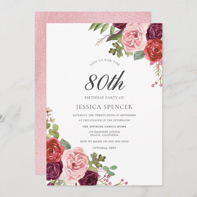 Blush & Burgundy Floral 80th Birthday Party Invite (Front/Back)