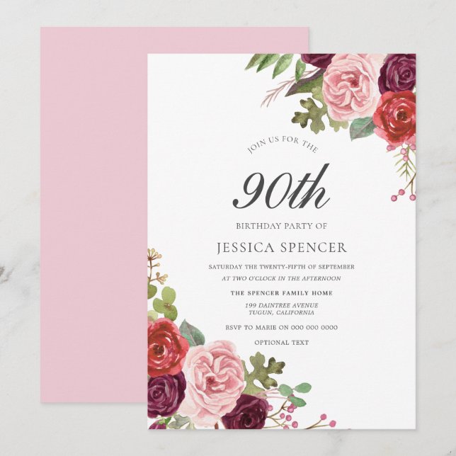 Blush & Burgundy Floral 90th Birthday Party Invite (Front/Back)