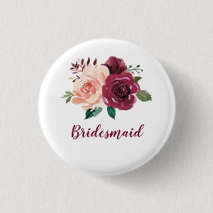 Blush Burgundy Floral Bridesmaid 1 Inch Round Button