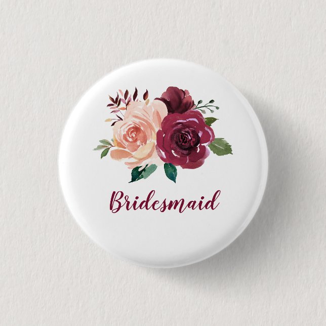Blush Burgundy Floral Bridesmaid 1 Inch Round Button (Front)