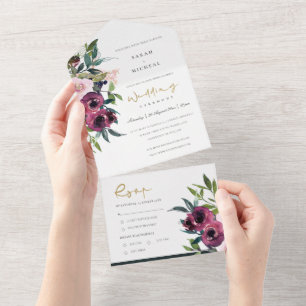 BLUSH BURGUNDY FLORAL BUNCH WATERCOLOR WEDDING ALL IN ONE INVITATION